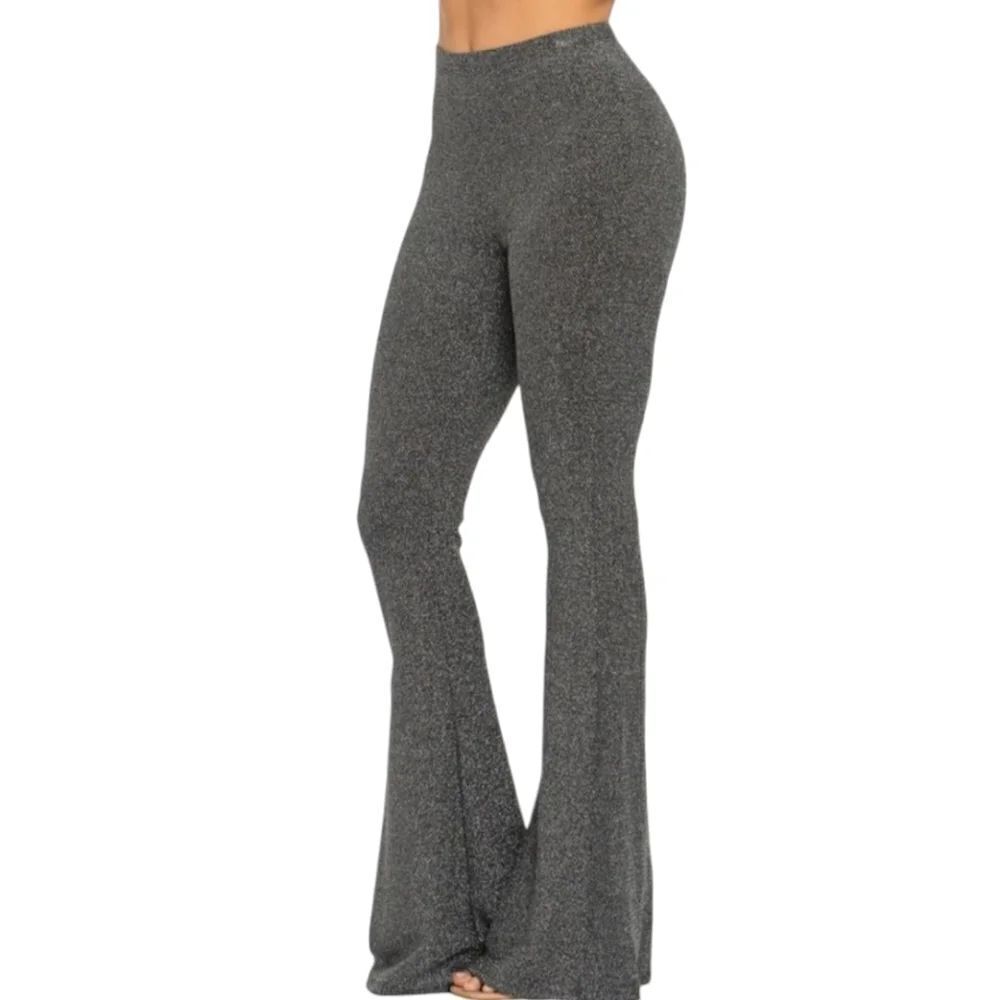 Lurex Flared Long Pants Bell Bottom Silver Gray Glitter Knit‎ Jersey